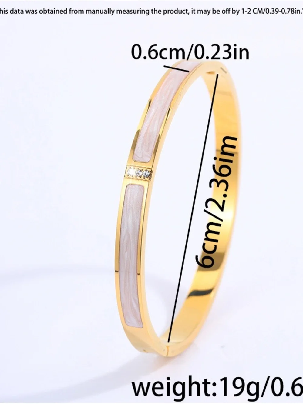 Stainless Steel Gold Bangle Bracelet with White Inlay and Crystal Accents